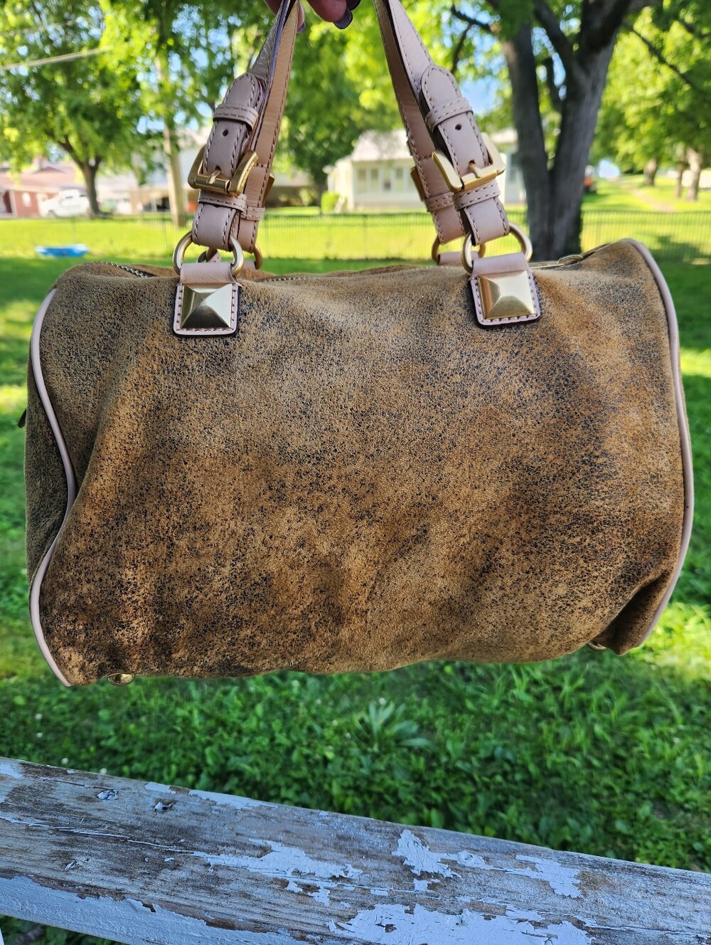 Vintage Michael Kors Edie Distressed Brown Leather Satchel with Gold MK Charm - Picture 2 of 14